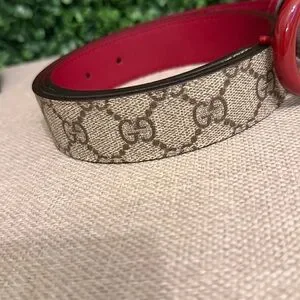 Gucci Red GG Logo Belt with Brown Pattern Sz-100 Gucci GG Supreme GG Marmont Slim Belt - Size 44 / 110 (SHF  main image 4